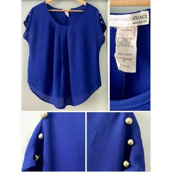 AGACI Women’s Flowy Top Chiffon Blue Blouse Medium #A71 - Picture 6 of 9